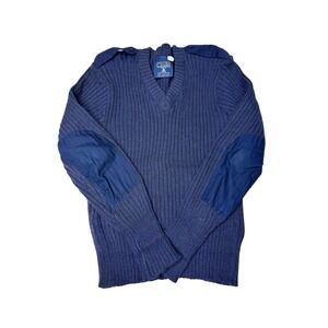 Citadel Mens Navy Blue V Neck Wool Sweater Size 38 Elbow Patches Made in England